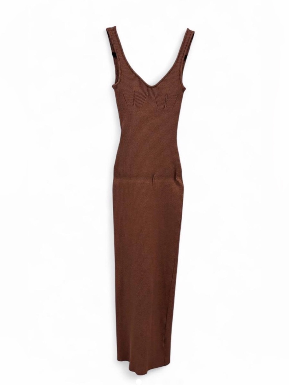 Elegant Brown Knit Maxi Dress with V-Neck